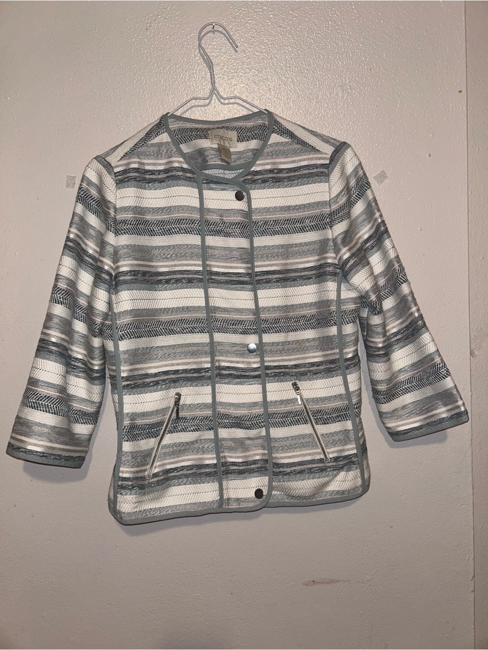Chico's Striped White & Gray Women’s Knit Jacket Size 0
